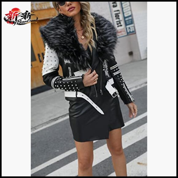 Faux Leather Jacket Studded Rivet Floral Moto Biker Short Lapel Coat - Picture 5 of 7